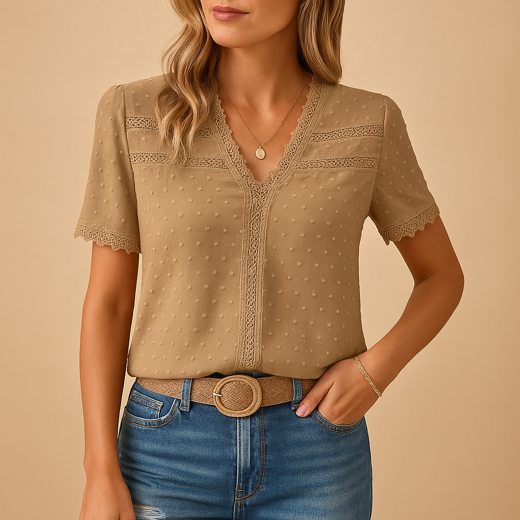 Zara Women’s Blouse with V-Neck, Short Sleeves, and Lace Trim 0