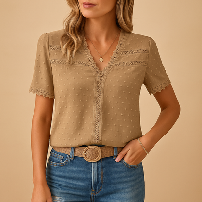 Zara Women’s Blouse with V-Neck, Short Sleeves, and Lace Trim 0