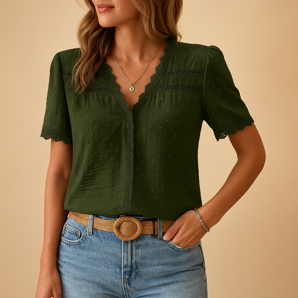Zara Women’s Blouse with V-Neck, Short Sleeves, and Lace Trim 1